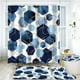 thumbnail image 1 of Juego de 4 cortinas de ducha de color azul con diseño geométrico, juego de cortinas de baño abstractas de arte moderno en azul marino con 12 ganchos, alfombra de baño y alfombrillas de inodoro, 1 of 6