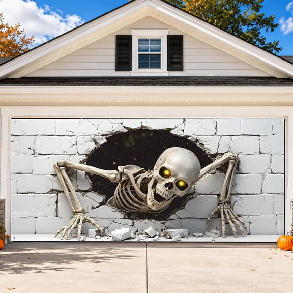 16 x 7 FT Halloween Skeleton Garage Door Cover Decorations – Giant Creepy Skull Breaking Wall Garage Door Cover with Glowing Eyes for Haunted House Outdoor Halloween Party Décor