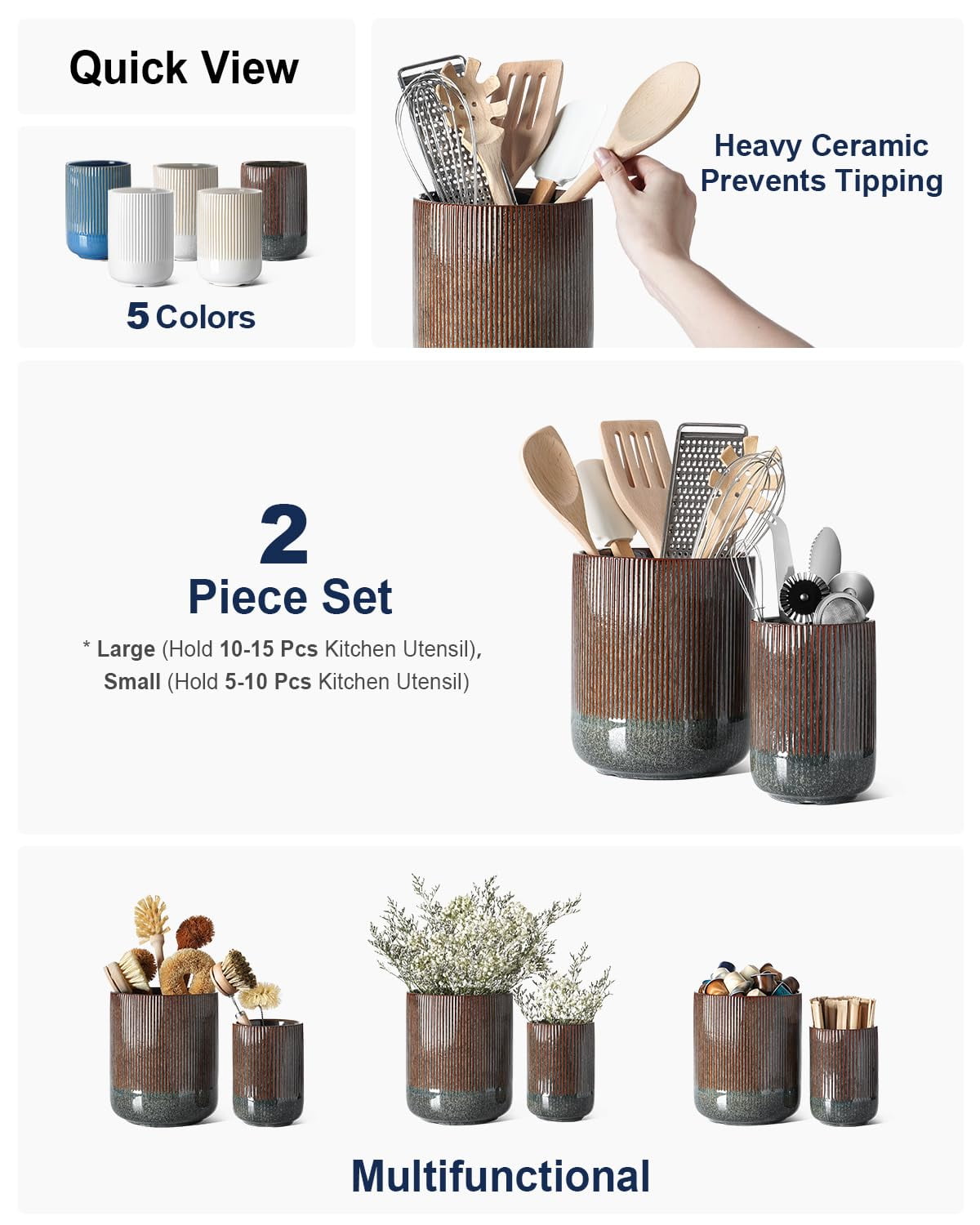 LE TAUCI 7.3"+5.4" Ceramic Crocks for Kitchen, Cooking Organizer & Plant Pots,Set of 2 Utensil Holder