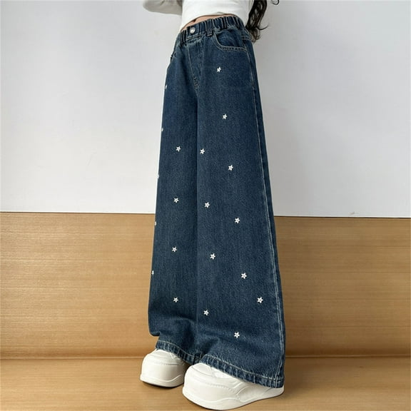 Girl Jeans Embroidered Jeans Girls Straight Leg Wide Leg Denim Jeans High Waisted Baggy Jeans Kids with Pockets Clothes for 4-5 Years Old Girls