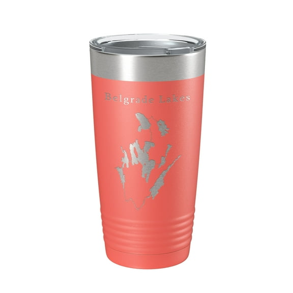 Belgrade Lakes Map Tumbler Travel Mug Insulated Laser Engraved Coffee Cup Maine 20 oz Coral