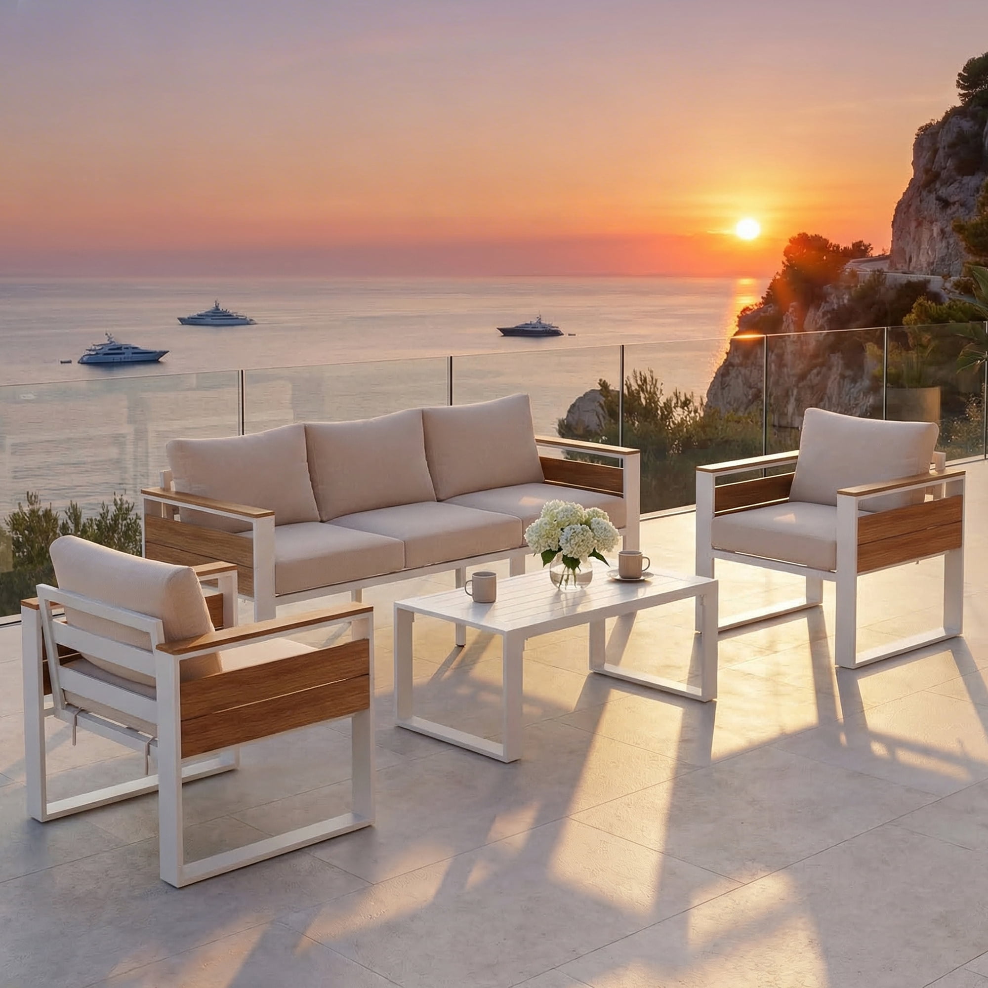 LAZZO 4-Piece Patio Conversation Set, All-Aluminum Outdoor Metal Furniture Set with Olefin Cushions & Coffee Table, Beige