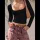 thumbnail image 5 of Camisas de Larga para Mujer, Tops Cortos, Moda de Otoño 2025, Cuello Cuadrado, Camisetas Básicas para Salir, Ropa Y2K Negro M, 5 of 7