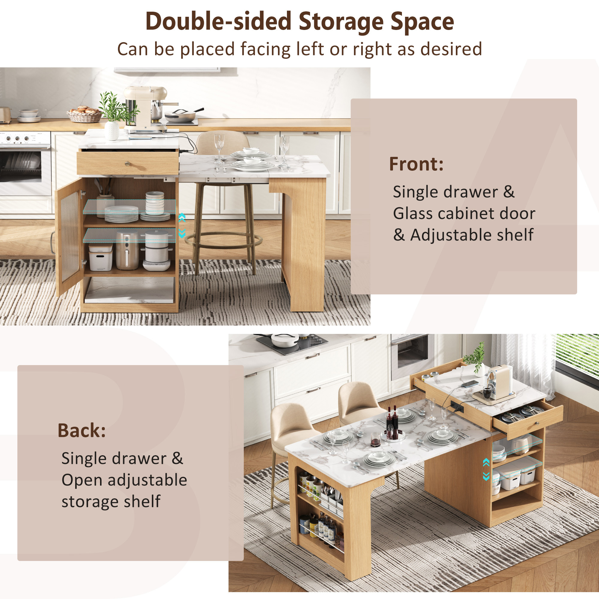 MODERNLUXE 59.5" Kitchen Island with Extendable Dining Table,Large Mobile Kitchen Storage Table with Double-sided Storage,2 Drawers, Open Shelves & Power Outlet,Rolling Islands Cart for Dining Room