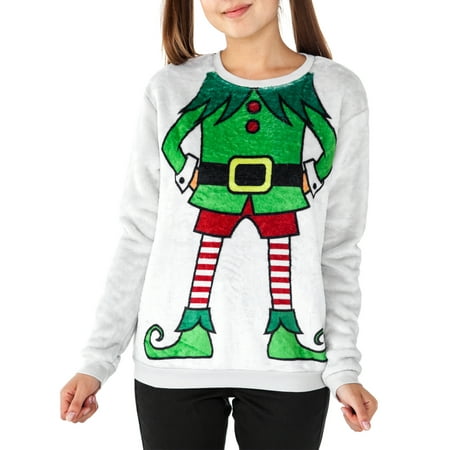 Juniors Elf Plush Christmas Costume Ugly Sweatshirt Party - Santa's
