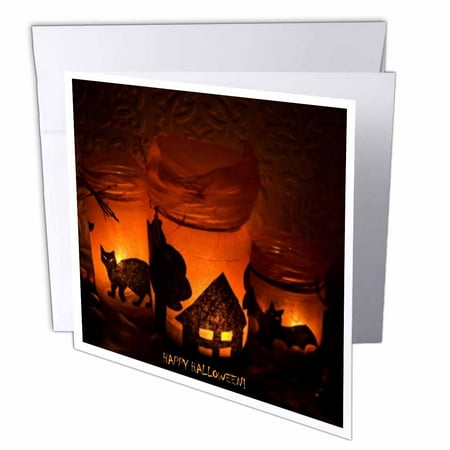 3dRose Halloween Cat, House and Bat Luminaries, Greeting Cards, 6 x 6 inches, set of 12