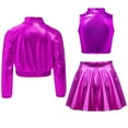 thumbnail image 2 of TiaoBug Girls Jazz Hip Hop Dance Outfits 3Pcs Tracksuit Shiny Metallic Crop Tops with Bomber Jacket and Skirt Set Purple 12, 2 of 3