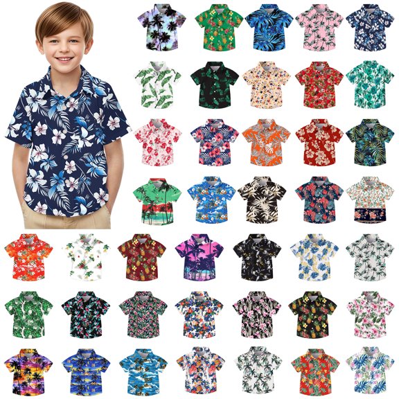 Rvasteizo Shirts for Boys Girls Hawaiian Print Lapel Pocket Wear Short Sleeve Casual Shirt Top for Boys Girls 2-15Years