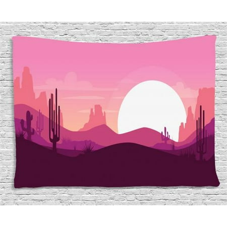 Landscape Tapestry Cartoon Style Desert With Mountains Dunes And Landscape Tapestry Cartoon Style Desert With Mountains Dunes And Cactus Silhouettes Arizona Sundown Wall