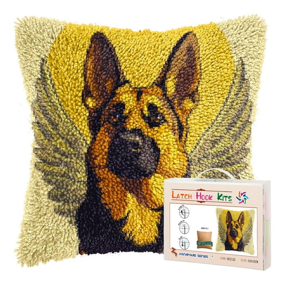 DIY Latch Hook Pillow Kits for Adults German Shepherd with Angel Wing Printed Pillowcase Crochet Yarns Hooking Handmade Pillow Cover Cushion for Home Sofa Decoration 17x17inch-4