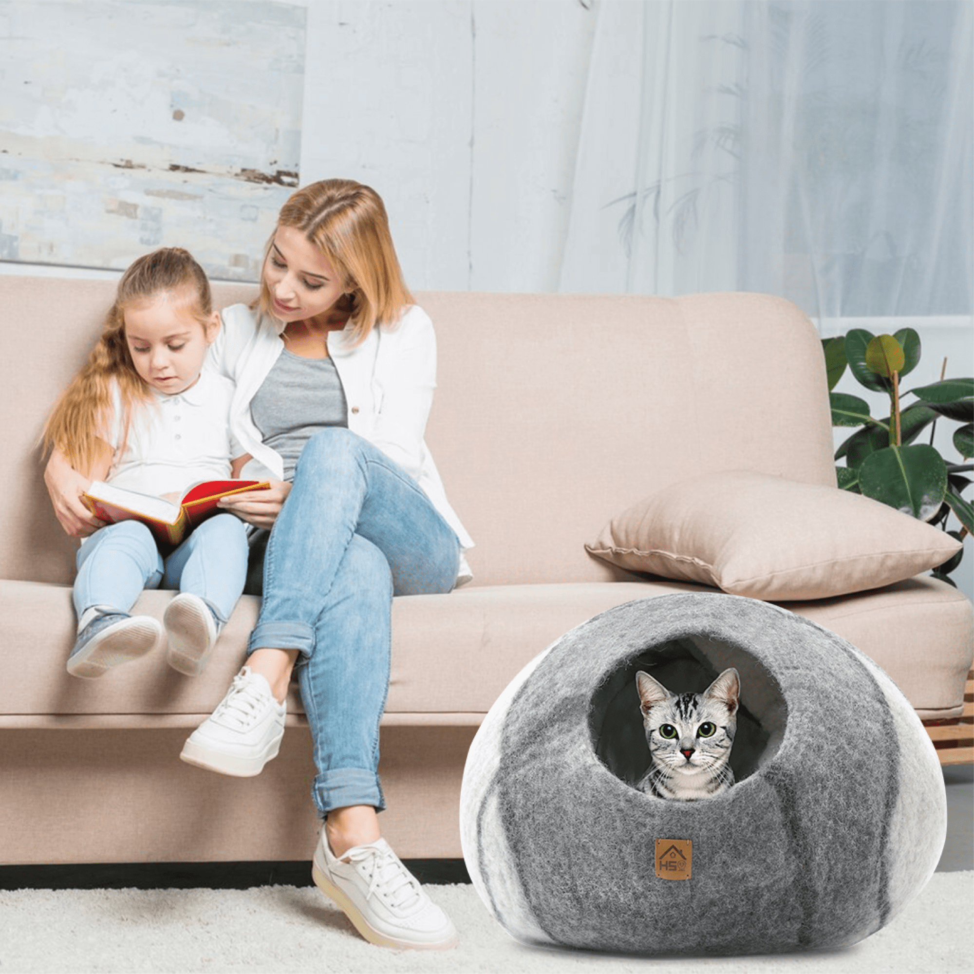 HAUSSIMPLE Wool Cat Cave Bed for Large Cats, Pet Sleeping Bed Natural 100% Merino Wool - Gray White