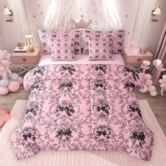 Erosebridal Dreamy Bow-Tie Twin Bedding Sets for Girls, Black Pink Bedding Comforter Set, Pink Reversible, 7-Piece