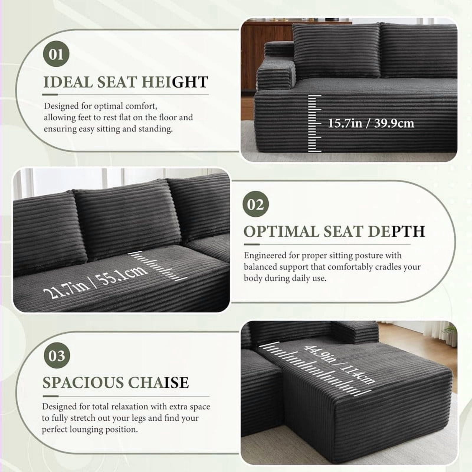 L-Shaped Cloud Sectional Sofa with Deep Seat, Modular Sofa Couch with Chaise for Living Room Apartment, No Assembly Required, Right Facing