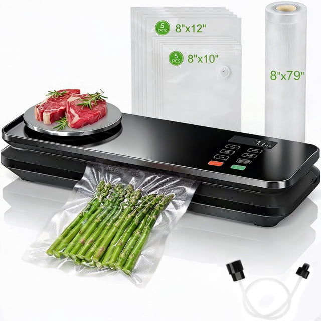 Food Vacuum Sealer Machine, 90KPA with Kitchen Scale, One-Touch Automatic, Multiple Modes, with 10 Sealer Bags and 1 Roll, Built-in Cutter, Black