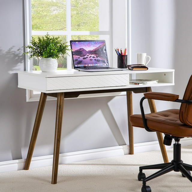 Modern Home Office Writing Desk, 42 Inch Computer Table Desk with Drawers, Simple Mid Century Modern Desk, Walnut