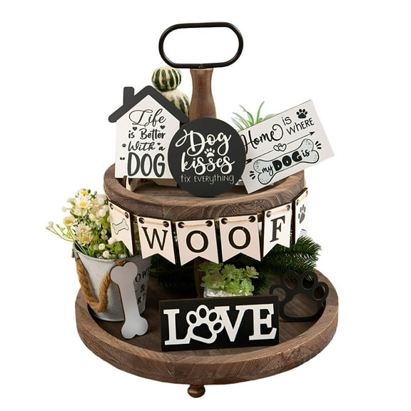 LAMIRO Stylish Dog Tiered Tray Decor Set Wooden Dog Tray Decor Rustic Farmhouse Woof Bone Farm Decorations Mini Wood Signs For Kitchen Home Table Housewarming Gift