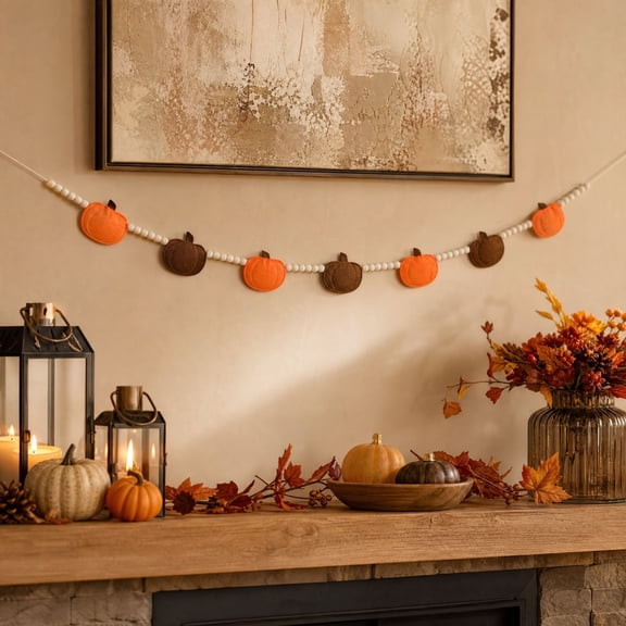 Fmbmuo Fall Garland Wooden Bead with Pumpkin Thanksgiving Hanging For Fireplace Mantel Wall Home Party Decor