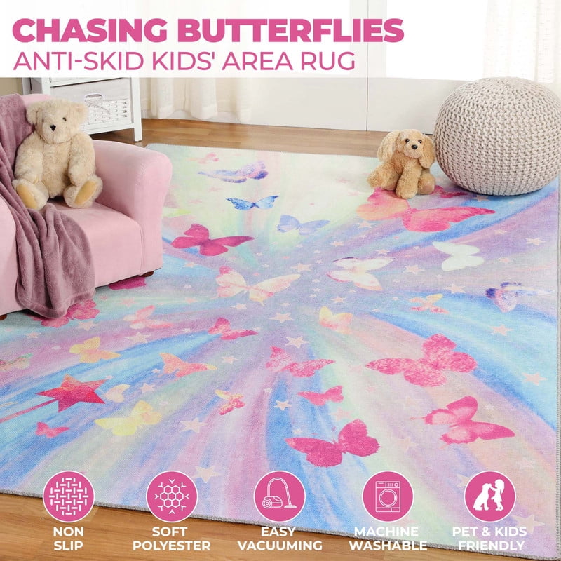 Superior Butterfly Non-Slip Washable Indoor Play Rug, 3' x 5', Magenta