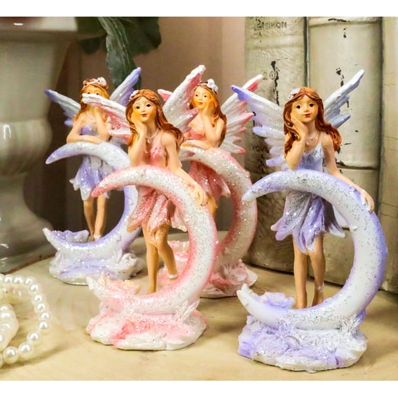 Ebros Set of 4 Colorful Pink and Purple Enchanted Crescent Moon Fairy Figurines