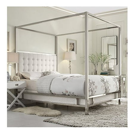 - Modern Square Polished Chrome Canopy Poster Queen Bed with Off White Button Tufted Linen Upholstered Headboard Includes ModHaus Living (TM) Pen