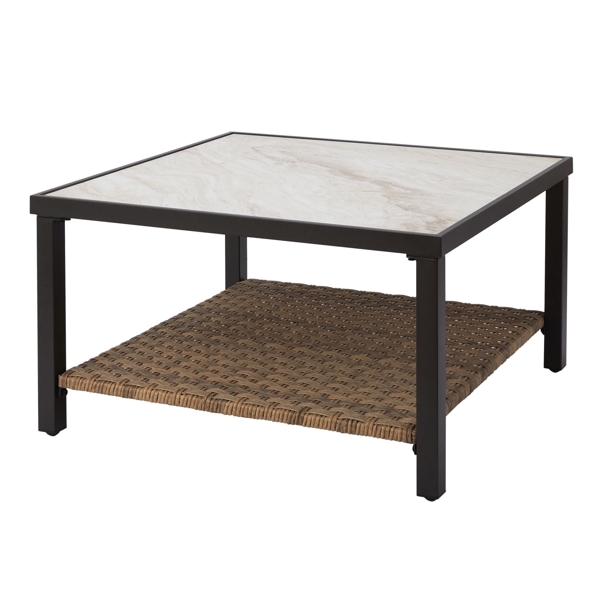 Better Homes & Gardens River Oaks Tile Top Coffee Table with All-Weather Wicker Shelf, White 