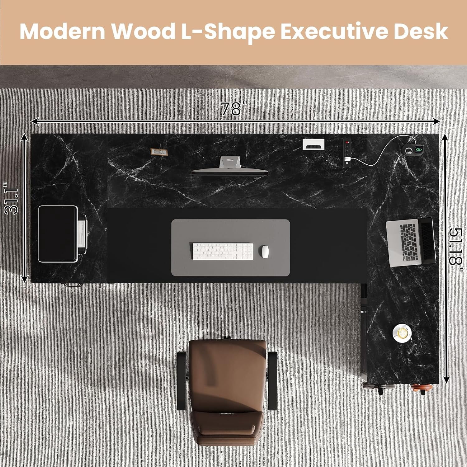 78" Executive Desk with Lockable File Cabinet, L Shaped Executive Desk with Power Outlets, Reversible Computer Desk with Drawers, Storage Shelves and Privacy Screen, Marble Black