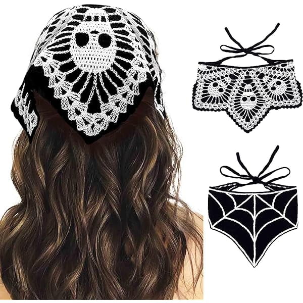 wonima11 Black Skull Headbands Crochet Bandanas Headband Web Gothic Head Scarf Halloween Hair Accessories for Women 2Pcs