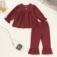 thumbnail image 2 of Happy Town Toddler Girl Fall Winter Outfits Smocked Puff Sleeve Top Ruffle Flare Pants Set Kids Casual Plaid 2-Piece Set, 2 of 8