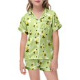 thumbnail image 5 of Girls Summer Silk Pajamas Cute Printed Short Sleeve Pjs Button Down Comfy Home Clothes Two-Piece Pj Sleepwear Sets Green,140, 5 of 5