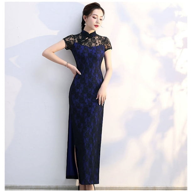 Cheongsam de encaje Cheongsam ropa de actuación espectáculo verano etiqueta larga corte ajustado