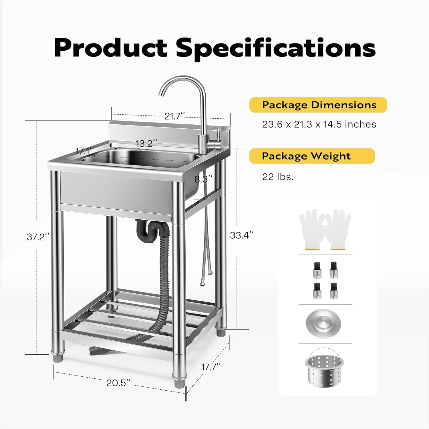 SPECSTAR 22" Stainless Steel Freestanding Utility Sink with Hot and Cold Faucet, Freestanding Commercial Kitchen Single Bowl Sink