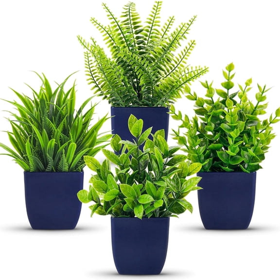 Miracliy 4‑Pack Artificial Potted Plants, Fake Greenery with Dark Blue Square Plastic Pots, Indoor Tabletop Decor for Home Office