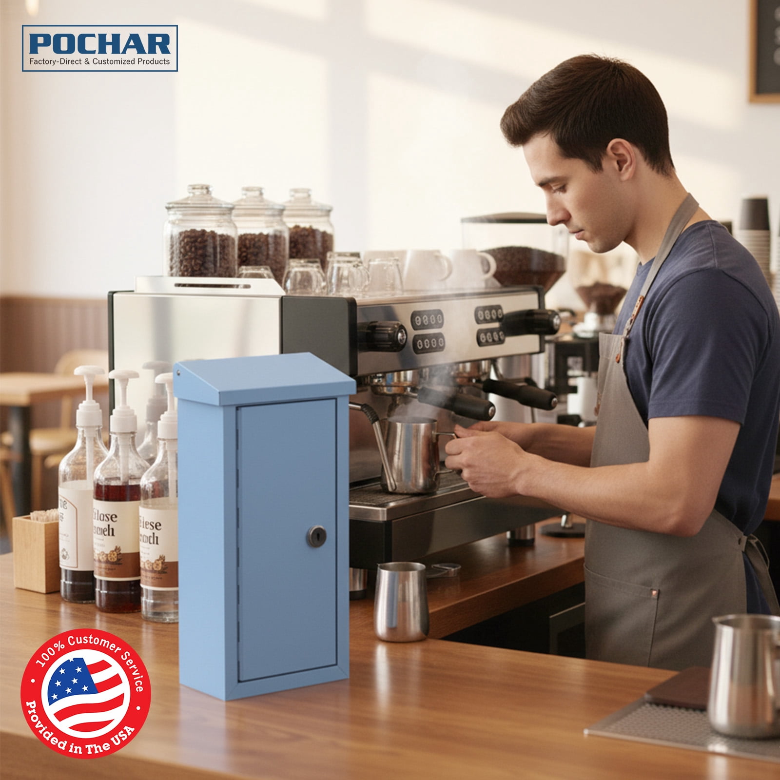 Pochar Money Cash Key Drop Box Wall Mount with Key, Metal Donation and Suggestion Box with Slot and Lock for Home, Office, 10.24" x 5.7" x 2.95" (Blue)