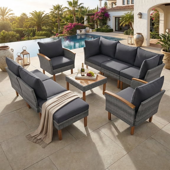 MORPAZX 9-Piece PE Wicker Outdoor Conversation Set with Coffee Table, Gray/Gray