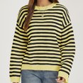 thumbnail image 5 of Women Crew Neck Horizontal Stripe Drop Shoulder Long Sleeve Loose Knit Sweater Fall Casual Pullover S, 5 of 5
