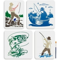 4Pcs Fishing Template 11.8x11.8/11.7x8.3inch Fisherman in Fishing Boat Stencil Reusable Fisherman Lake Fishing Rod Drawing Stencil for Wall Home Decor DIY Craft Canvas