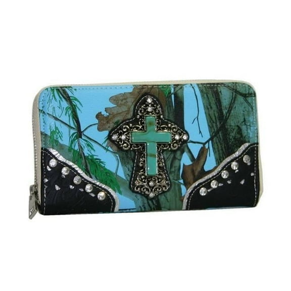 Ritz WC677-BLU-CAM Western Zip Around Rhinestone Cross Wallet, Blue & Cam