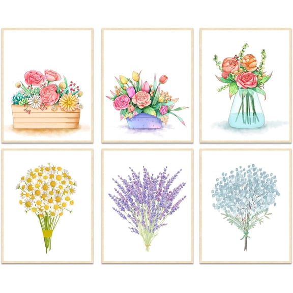 6PCS Watercolor Bouquet Unframed Canvas Prints Wall Decor Rose Tulip Daisy Canvas Wall Art Prints Preppy Room Decor Wall Unframed Wall Art for Bedroom Living Room Decor