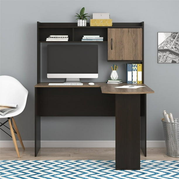Mainstays LShaped Desk with Hutch, Espresso/Rustic Oak