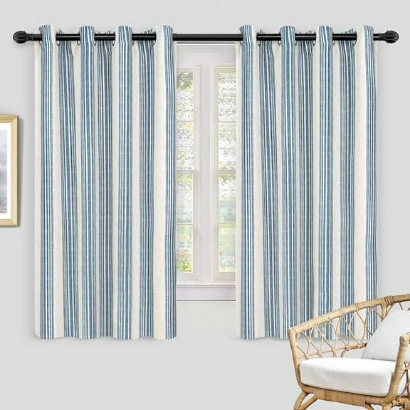 DriftAway Chris Vertical Striped Pattern Linen Blend Lined Thermal Insulated Blackout and Room Darkening Grommet Linen Curtains for Farmhouse Printed 2 Panels, 52" x 54", Jean Navy
