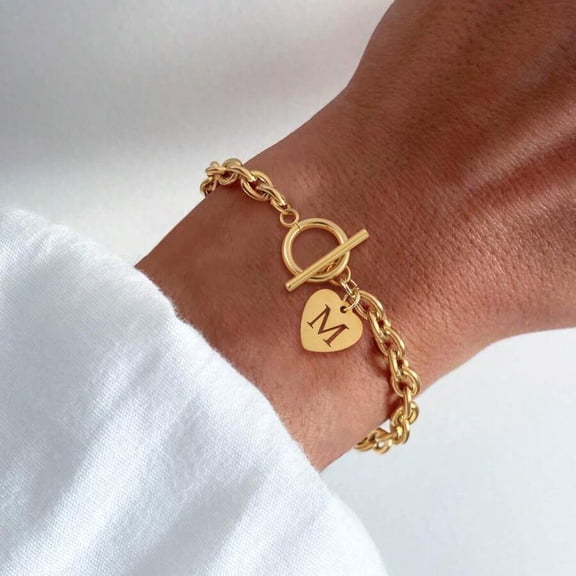 Yellow Gold Bracelet With Heart Initial Charm And Toggle Clasp