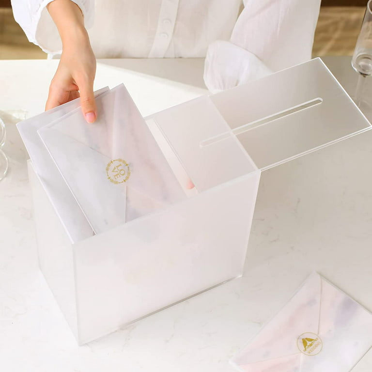 UNIQOOO Frosted Acrylic Wedding Card Box with Slot, Large 10x10x5.5 inch w/ White Print | Wedding Receptions Wishing Well Money Box, Birthdays, Memory