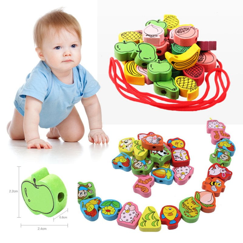 Toy Wooden Block Threading Game Animal/Fruit/Alphabet/Numerals Stringing Beads 