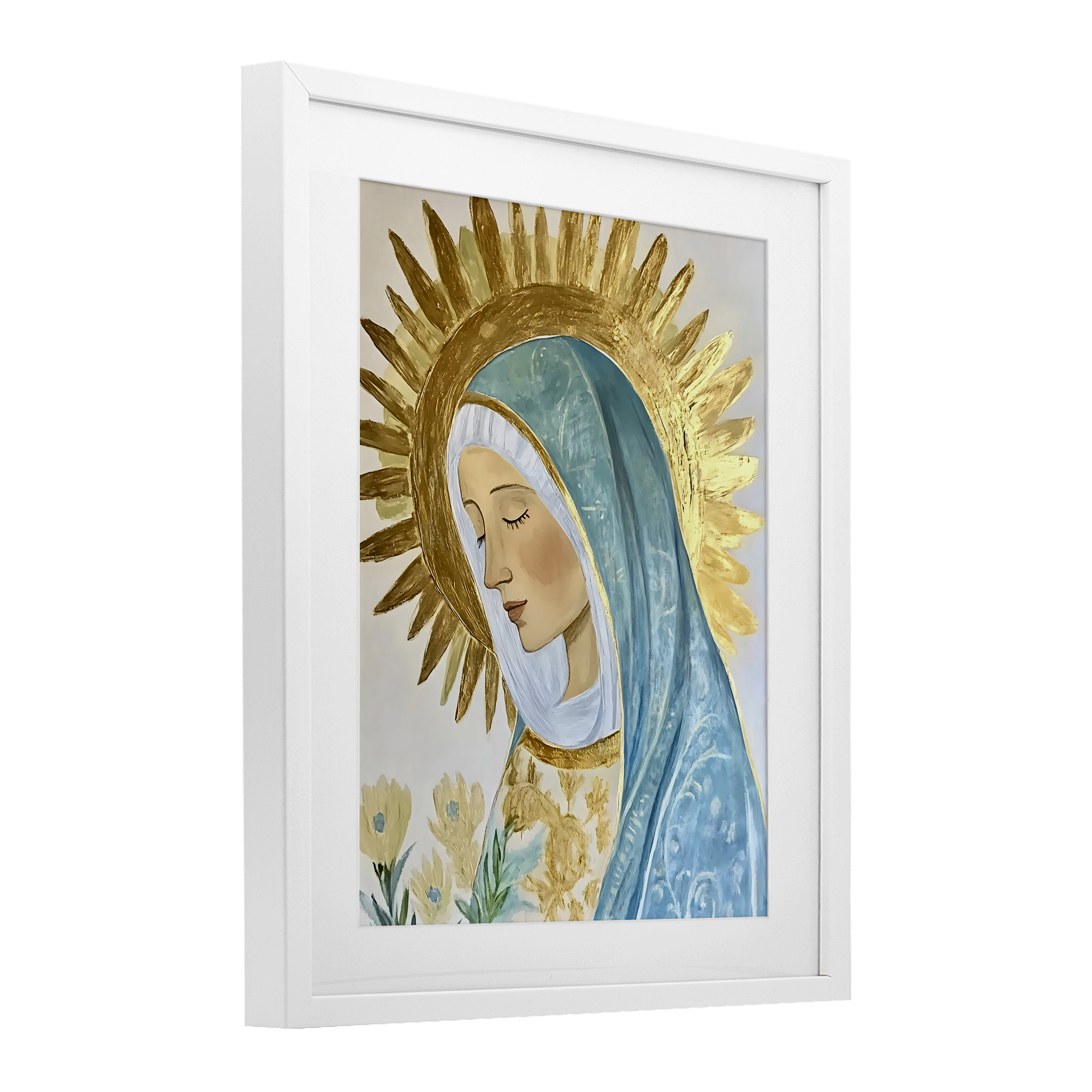 Holy Mary In Gold White Framed Print Under Glass, design by Franklyn Gregory