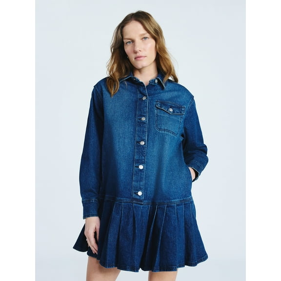 Scoop Women's and Women’s Plus Denim Pleated Mini Shirt Dress, Sizes XS-4X