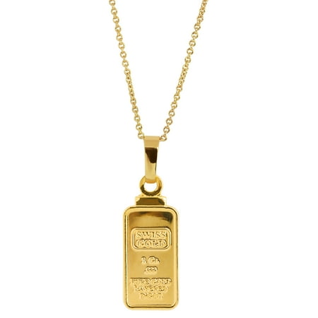 Gold Coin Necklace - 1 Gram Swiss Ingot Replica Coin Pendant Layered in 24KT Gold