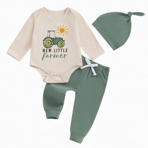 mgoYE 3Pcs Newborn Baby Boy Coming Home Outfit Farm New Little Farmer Long Sleeve Romper Tops Pants Set Hat Fall Clothes(Beige,0-3 Months)