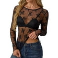 thumbnail image 3 of UVN Mesh Tops for Women Sheer Lace Long Sleeve Shirts Sexy Y2k See Through Party Club Blouse, 3 of 8