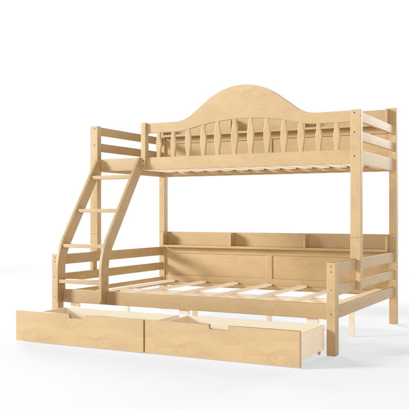 Twin Over Full Bunk Bed with 2 Storage Drawers, Solid Wood Kids Bunk Bed with Curved Guardrails, Side Storage Shelves and Ladder, No Box Spring Needed