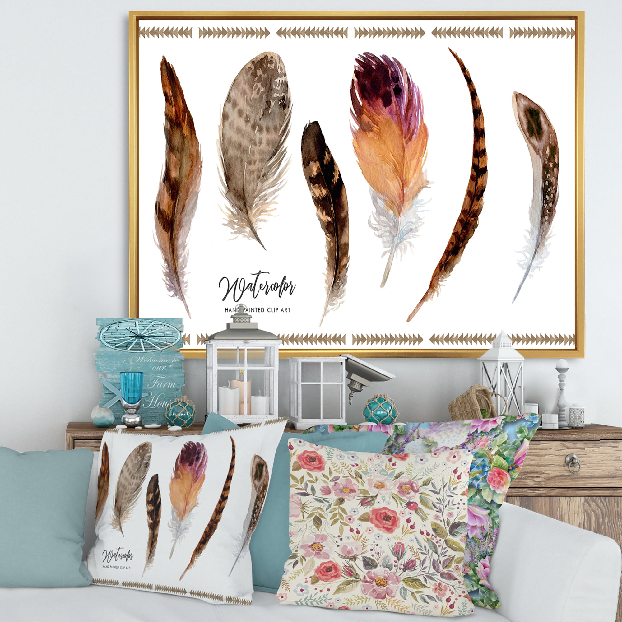 Designart 'Exotic Vibrant Boho Watercolor Feathers' Bohemian & Eclectic Framed Canvas Wall Art Print